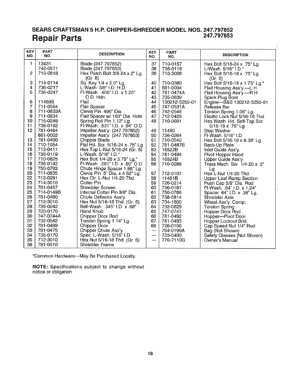 Repair paris | Craftsman 247.797852 User Manual | Page 18 / 24