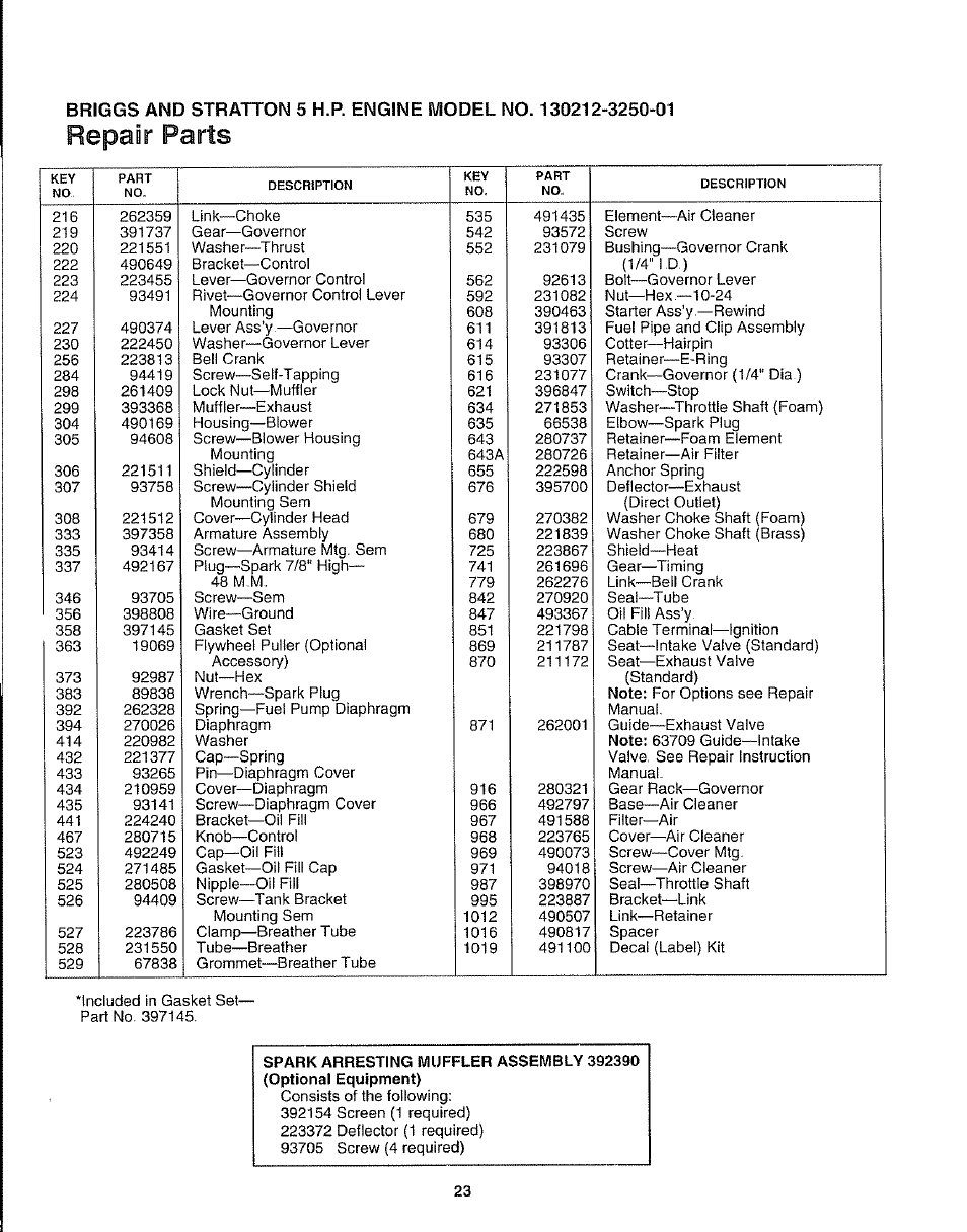 Repair parts | Craftsman 247.797852 User Manual | Page 23 / 24