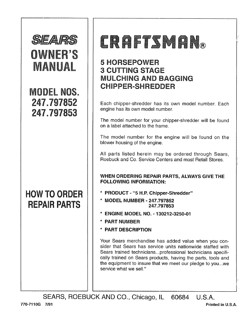 Product - “5 h.p. chipper-shredder, Part number, Part description | Ciiptshii, Owner’s manual | Craftsman 247.797852 User Manual | Page 24 / 24