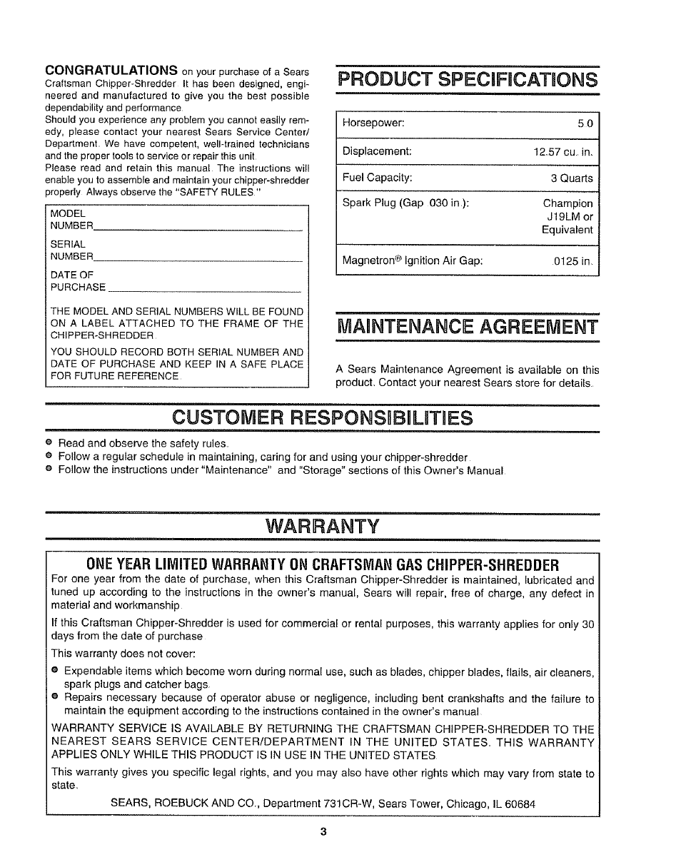 Product specircations, Maintenance agreement, Customer responsibilities | Warranty | Craftsman 247.797852 User Manual | Page 3 / 24