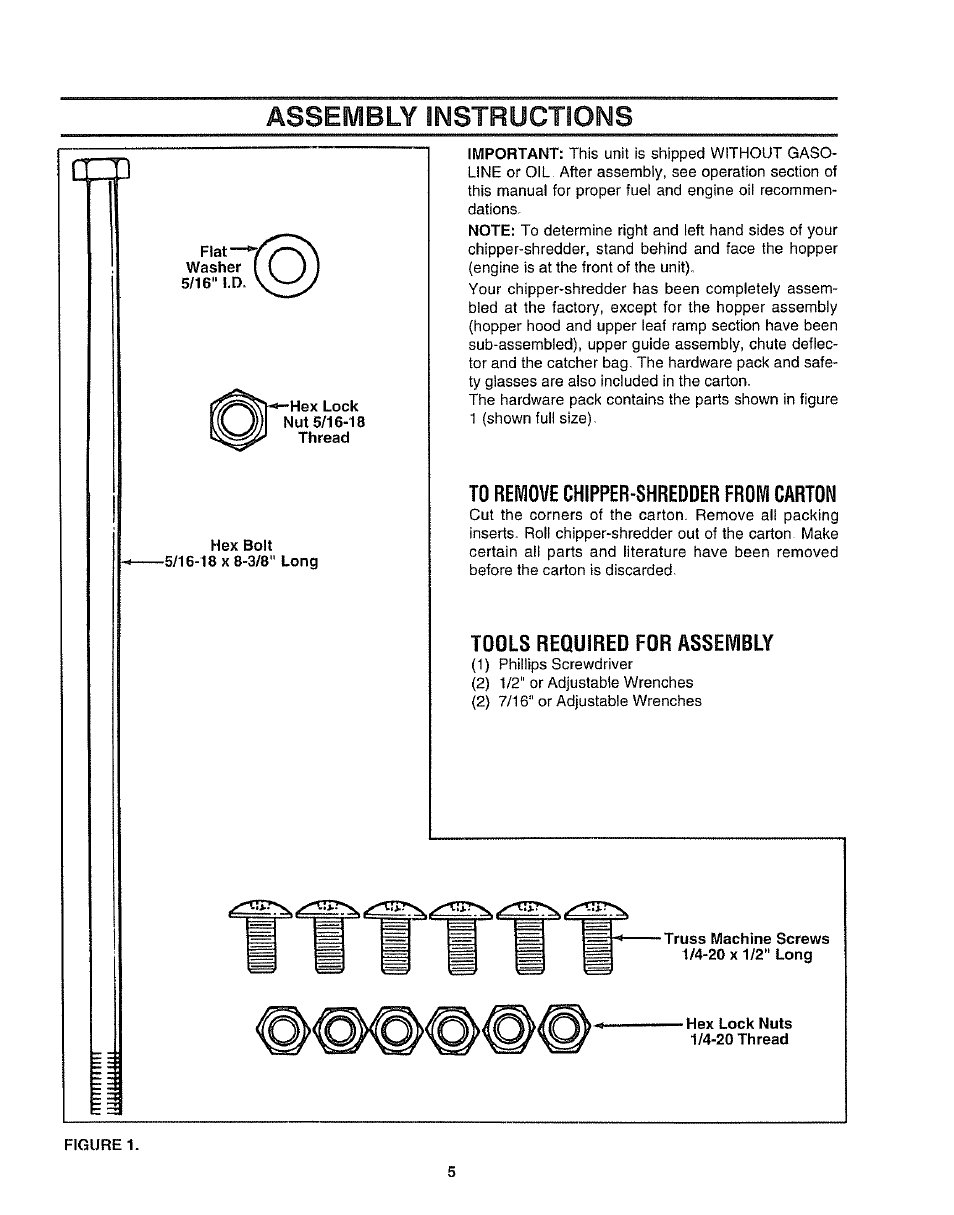 To remove chipper-shredder from carton, Tools required for assembly, Assembly instructions | Craftsman 247.797852 User Manual | Page 5 / 24