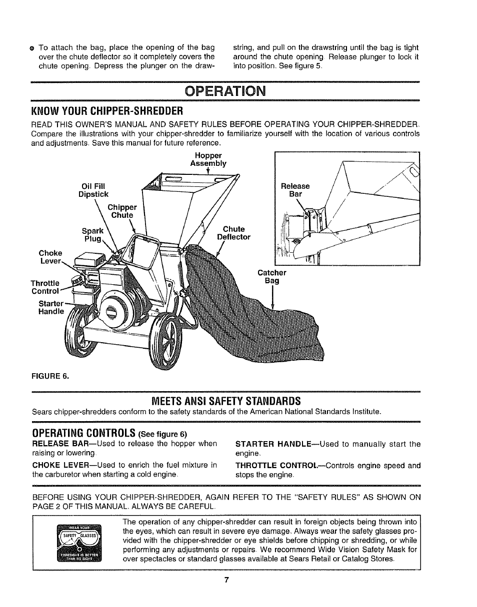 Know your chipper-shredder, Meets ansi safety standards, Operating controls (see figure 6) | Operation, Operating controls | Craftsman 247.797852 User Manual | Page 7 / 24