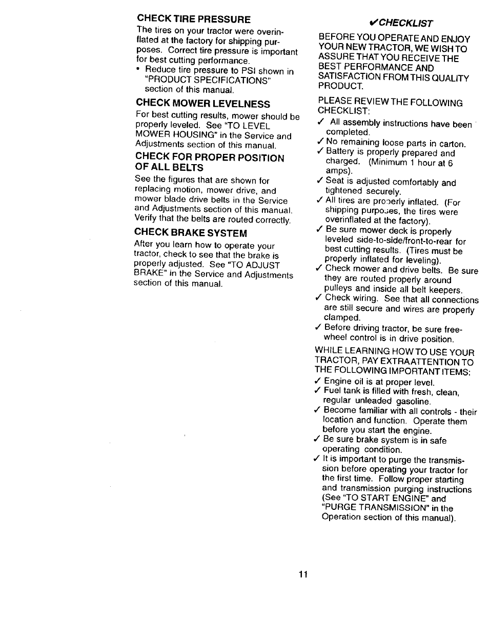 Check tire pressure, Check mower levelness, Check for proper position of all belts | Check brake system | Craftsman 917.273322 User Manual | Page 11 / 64