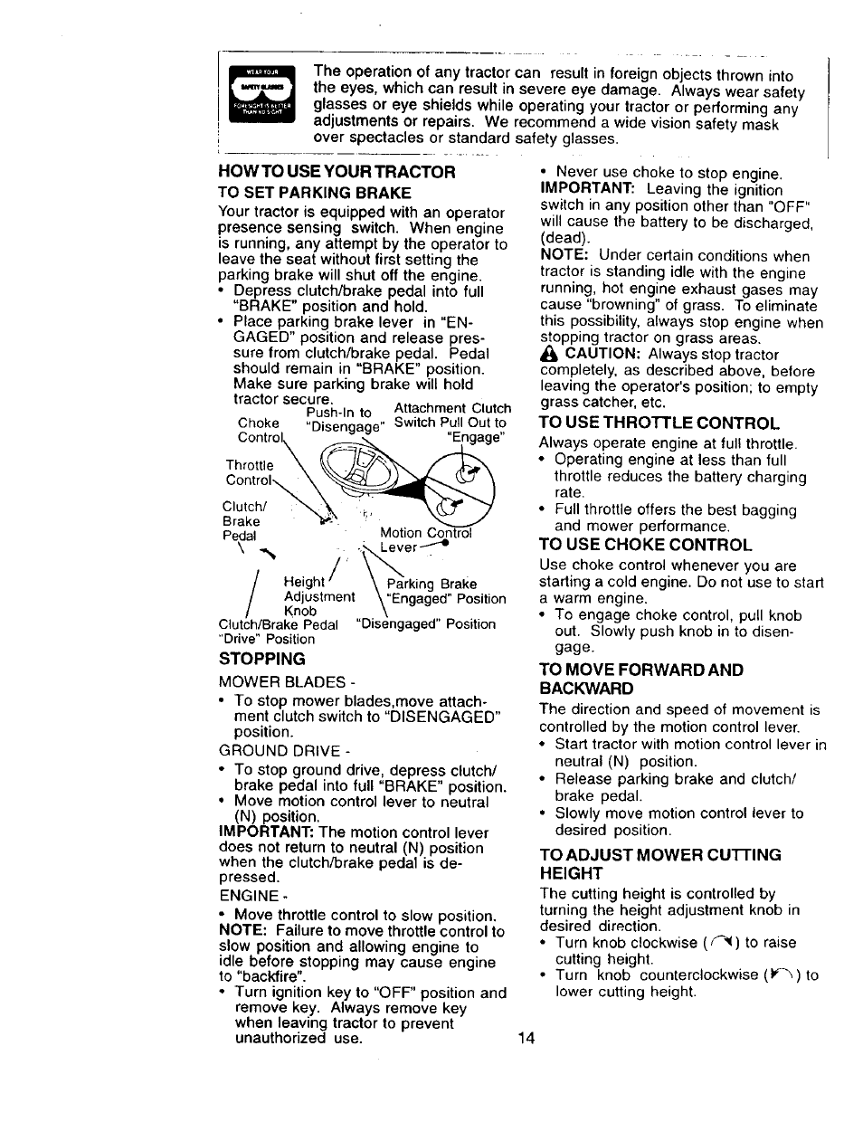 Howto use your tractor, To set parking brake, To use throttle control | To use choke control, To move forward and backward, To adjust mower cutting height | Craftsman 917.273322 User Manual | Page 14 / 64