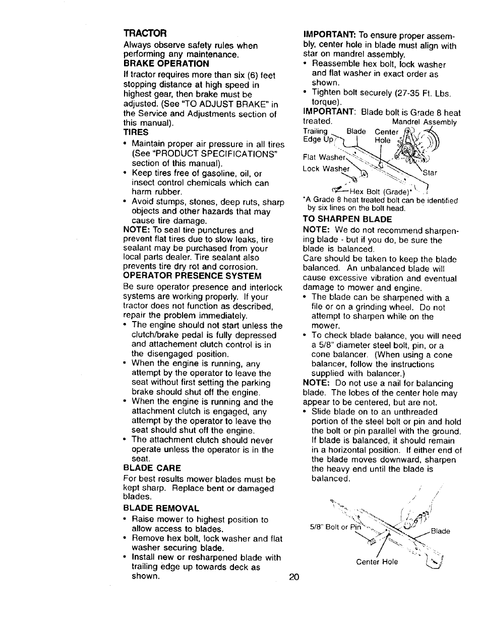 Tractor, Brake operation, Tires | Blade care, Blade removal | Craftsman 917.273322 User Manual | Page 20 / 64