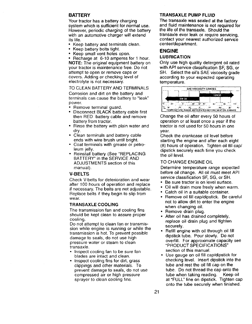 V-belts, Transaxle cooling, Engine | Lubrication | Craftsman 917.273322 User Manual | Page 21 / 64