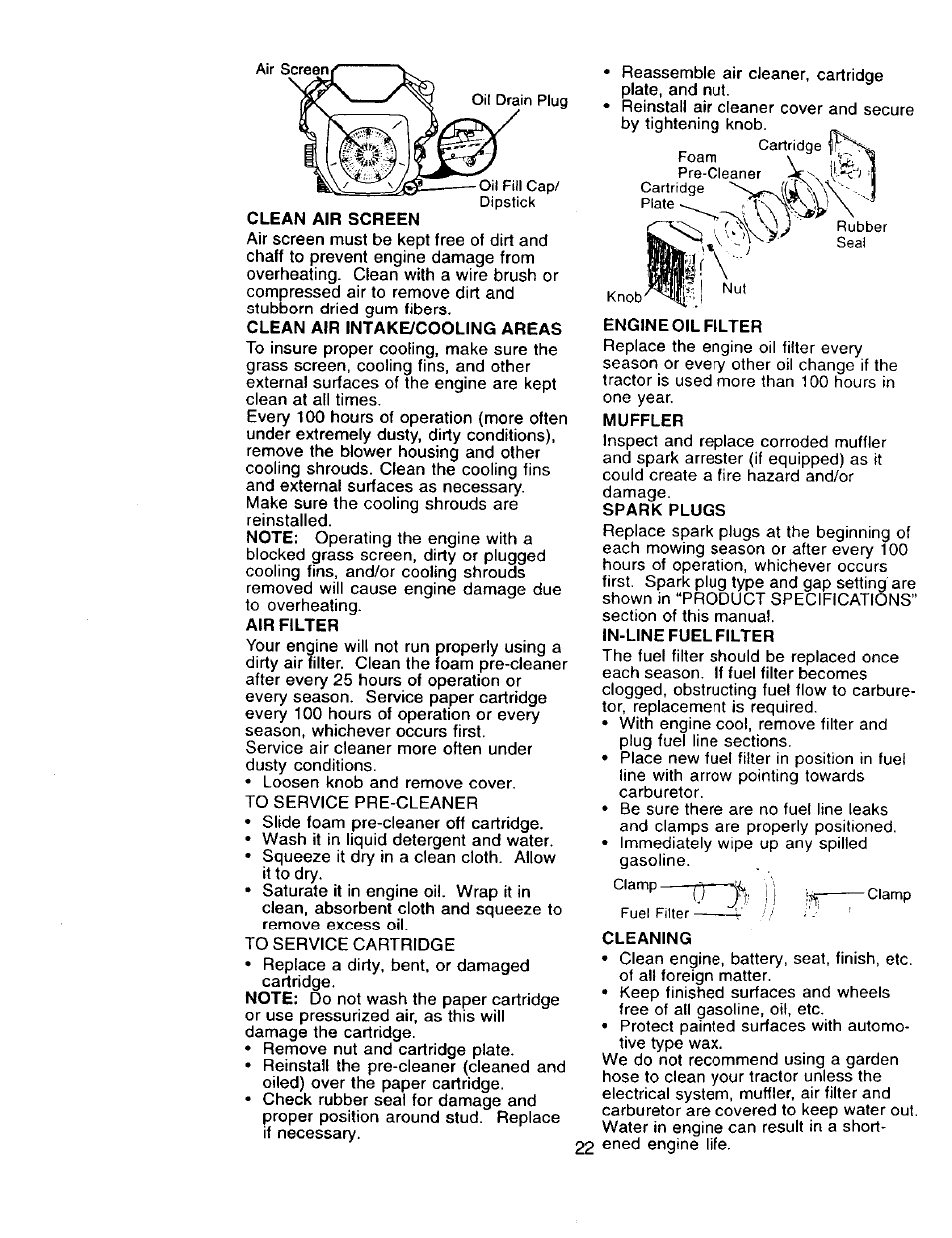 Clean air screen, Air filter, Engine oil filter | Muffler, Spark plugs, Rrjt | Craftsman 917.273322 User Manual | Page 22 / 64