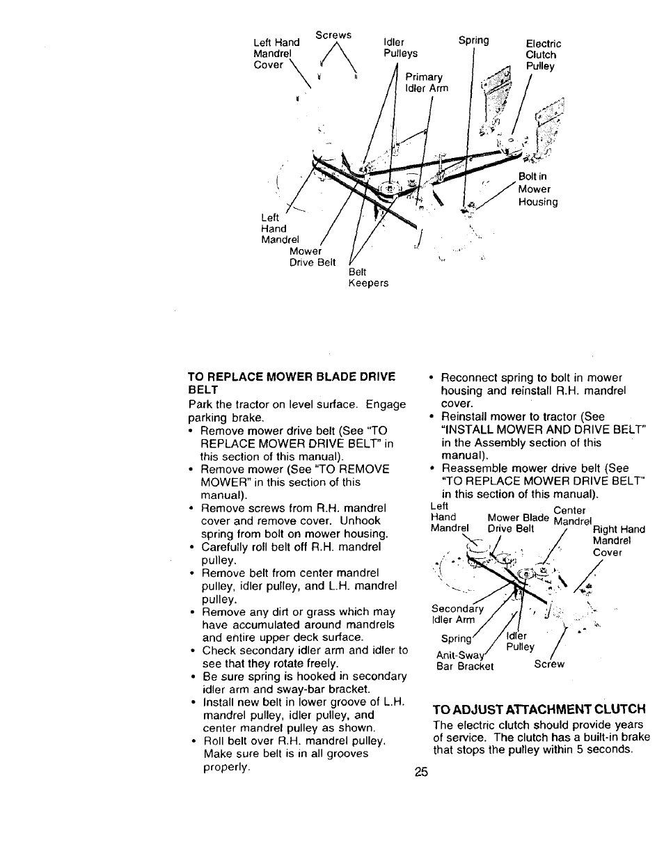 To replace mower blade drive, Belt, To adjust attachment clutch | Craftsman 917.273322 User Manual | Page 25 / 64