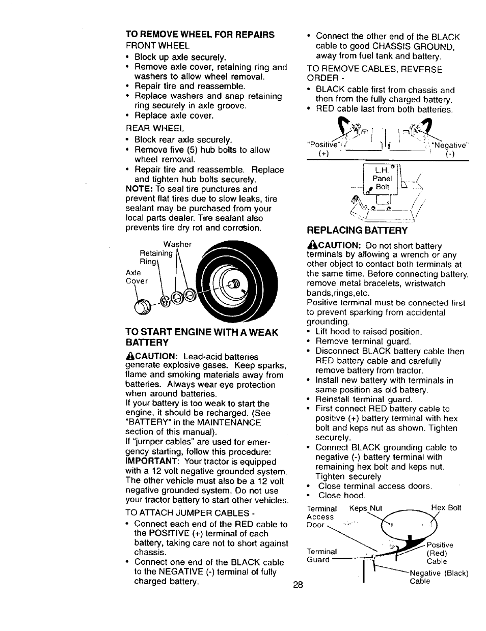 To remove wheel for repajrs, Front wheel, To start engine with a weak battery | Craftsman 917.273322 User Manual | Page 28 / 64