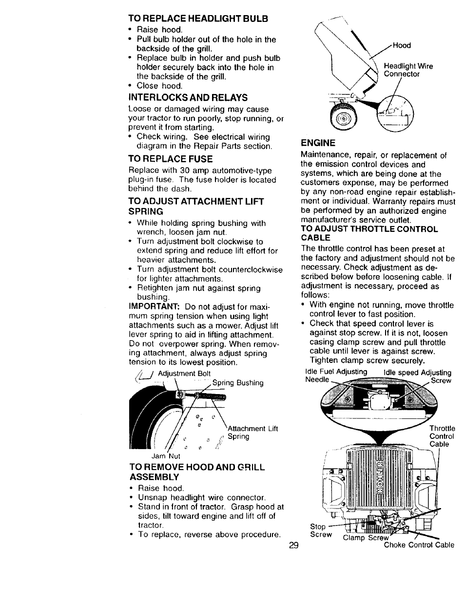 To replace headlight bulb, Interlocks and relays, To replace fuse | To adjust attachment lift spring, To remove hood and grill assembly, Engine, To adjust throttle control cable | Craftsman 917.273322 User Manual | Page 29 / 64