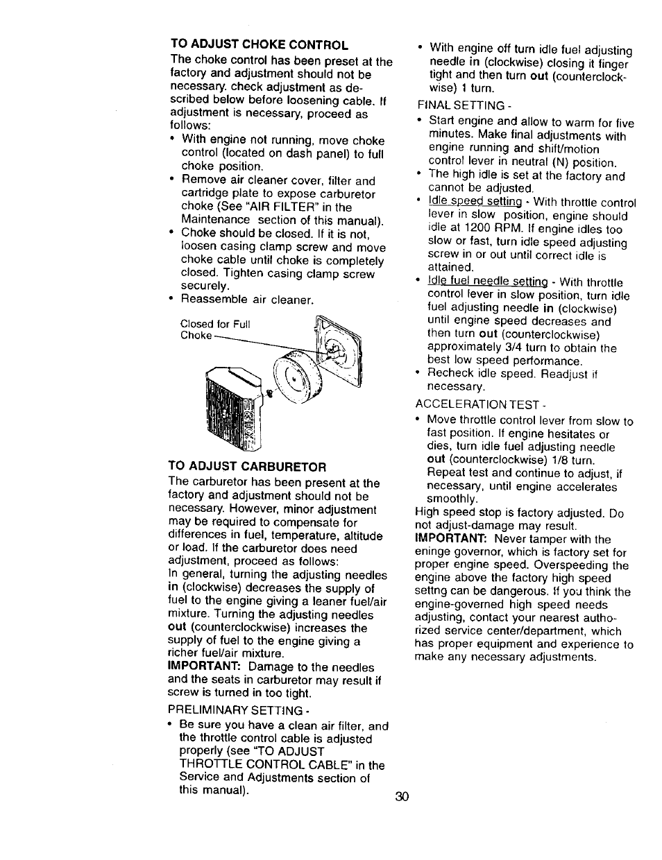 To adjust choke control, To adjust carburetor | Craftsman 917.273322 User Manual | Page 30 / 64