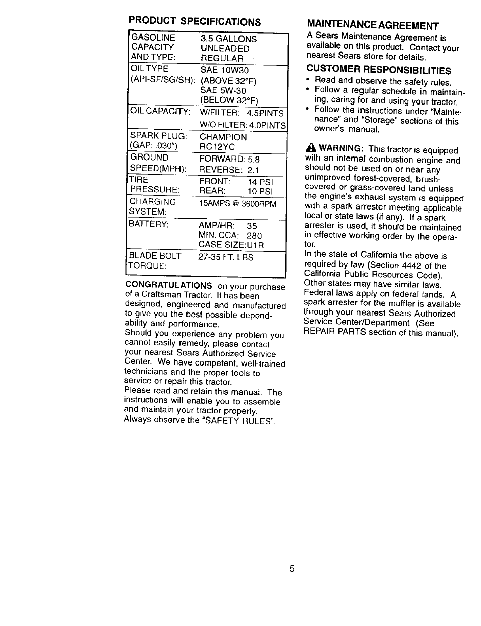Product specifications, Maintenance agreement, Customer responsibilities | Craftsman 917.273322 User Manual | Page 5 / 64