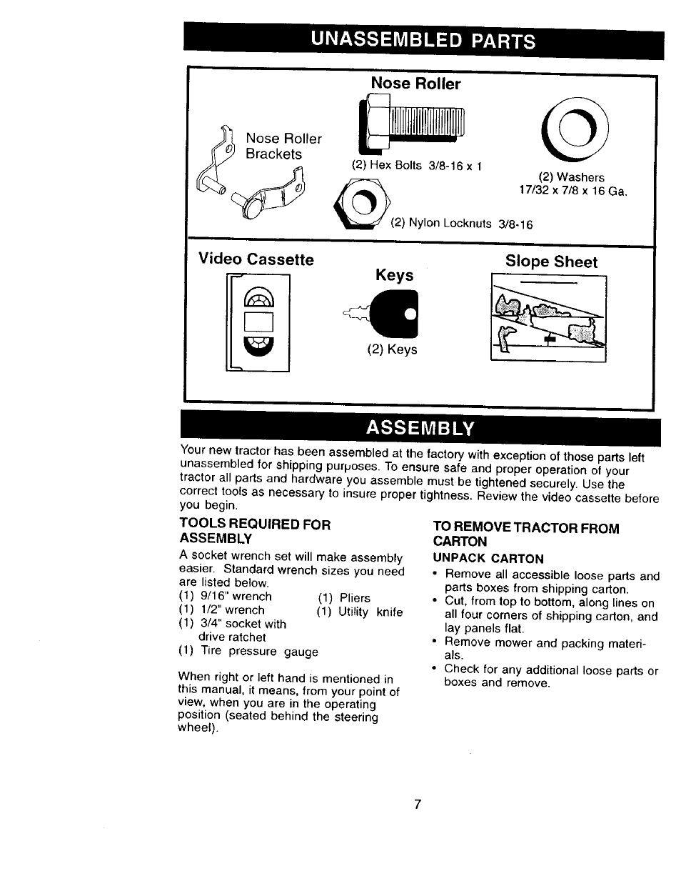 Nose roller, Video cassette, Keys | Slope sheet, Assembly, Tools required for assembly, To remove tractor from carton, Unpack carton, Unassembled parts | Craftsman 917.273322 User Manual | Page 7 / 64