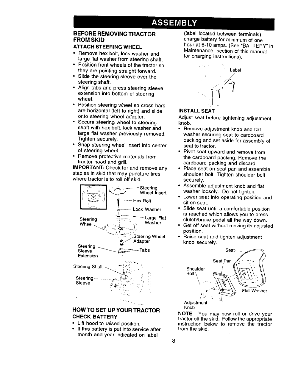 Before removing tractor from skid, Attach steering wheel, How to set up your tractor | Check battery, Install seat, Assembly | Craftsman 917.273322 User Manual | Page 8 / 64
