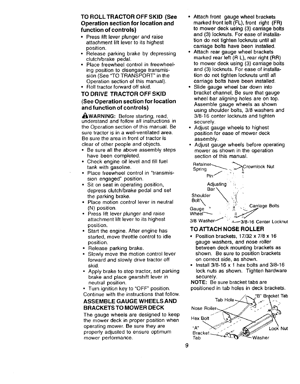 Assemble gauge wheels and brackets to mower deck, To attach nose roller | Craftsman 917.273322 User Manual | Page 9 / 64