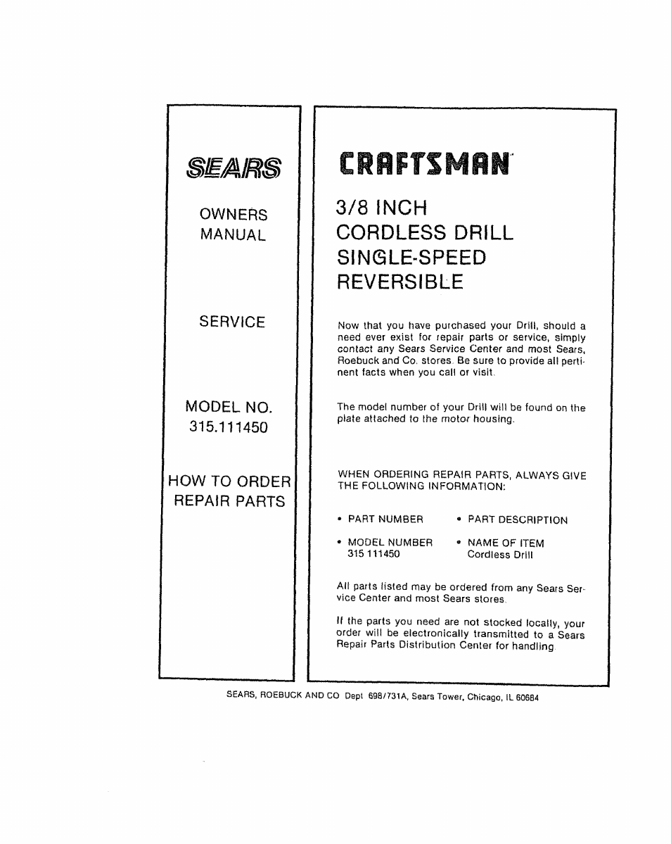 Tmmmm, 3/8 inch cordless drill sinsle-speed | Craftsman 315.111450 User Manual | Page 12 / 12