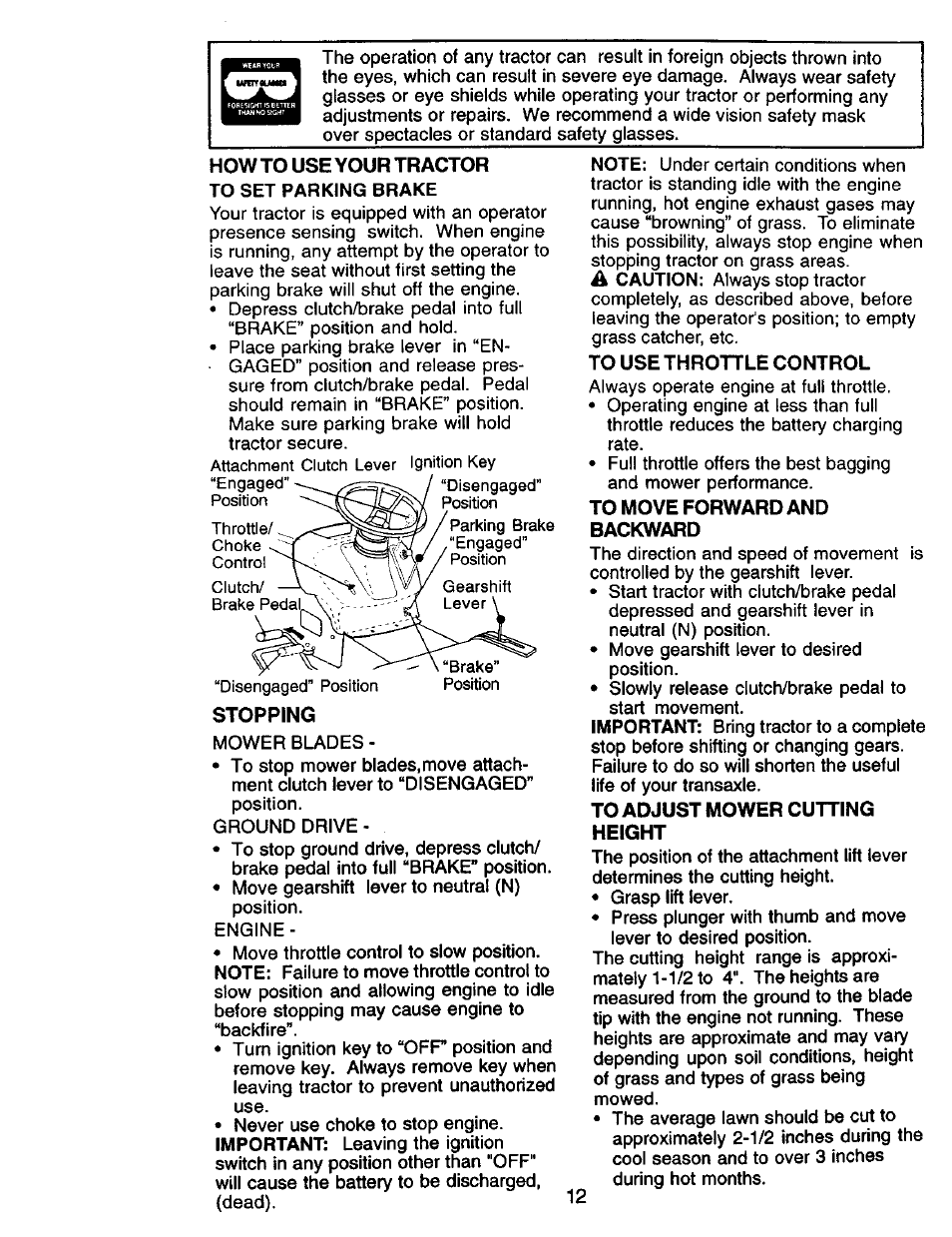To use throttle control, To move forward and backward, To adjust mower cutting height | Craftsman 917.270732 User Manual | Page 12 / 60