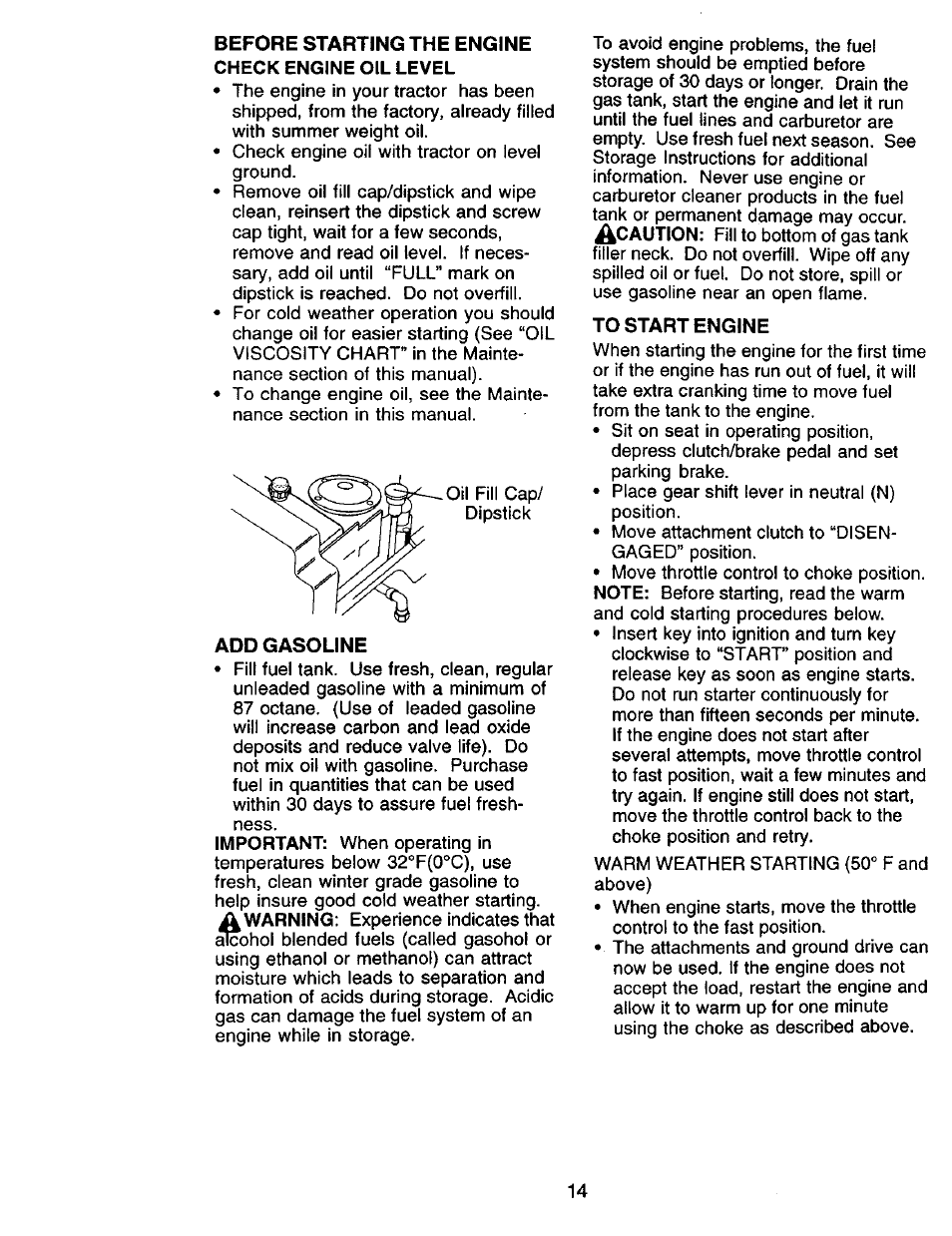 Before starting the engine, Add gasoline, To start engine | Craftsman 917.270732 User Manual | Page 14 / 60