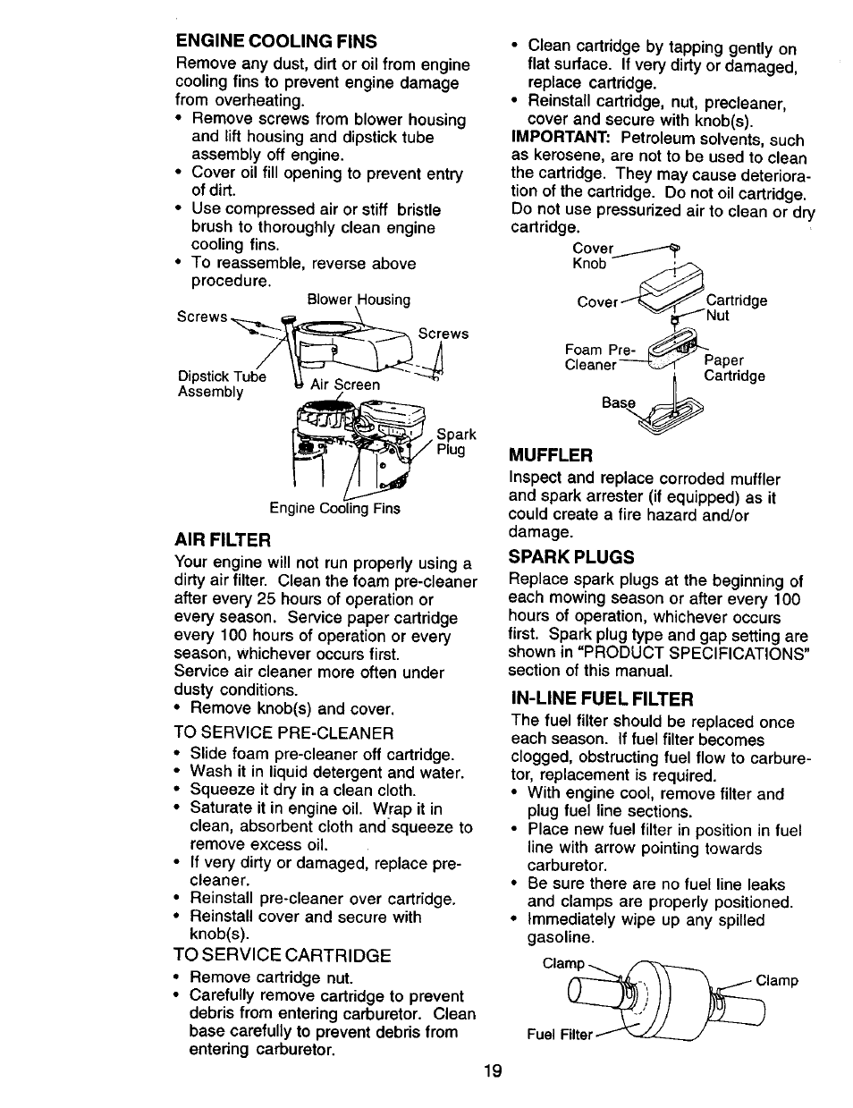 Engine cooling fins, Air filter, Muffler | Spark plugs, In-line fuel filter | Craftsman 917.270732 User Manual | Page 19 / 60