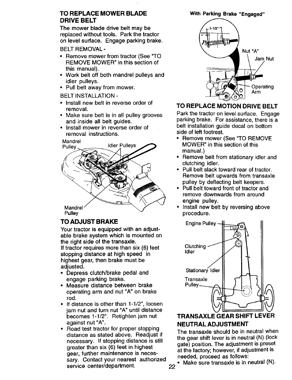 To replace mower blade drive belt, To adjust brake, To replace motion drive belt | Transaxle gear shift lever neutral adjustment | Craftsman 917.270732 User Manual | Page 22 / 60