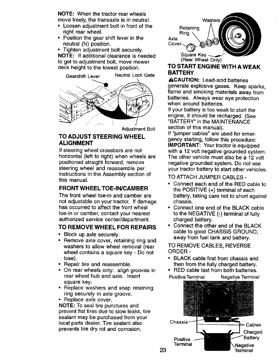To adjust steering wheel alignment, Front wheel toe-in/camber, To remove wheel for repairs | To start engine with a weak battery | Craftsman 917.270732 User Manual | Page 23 / 60
