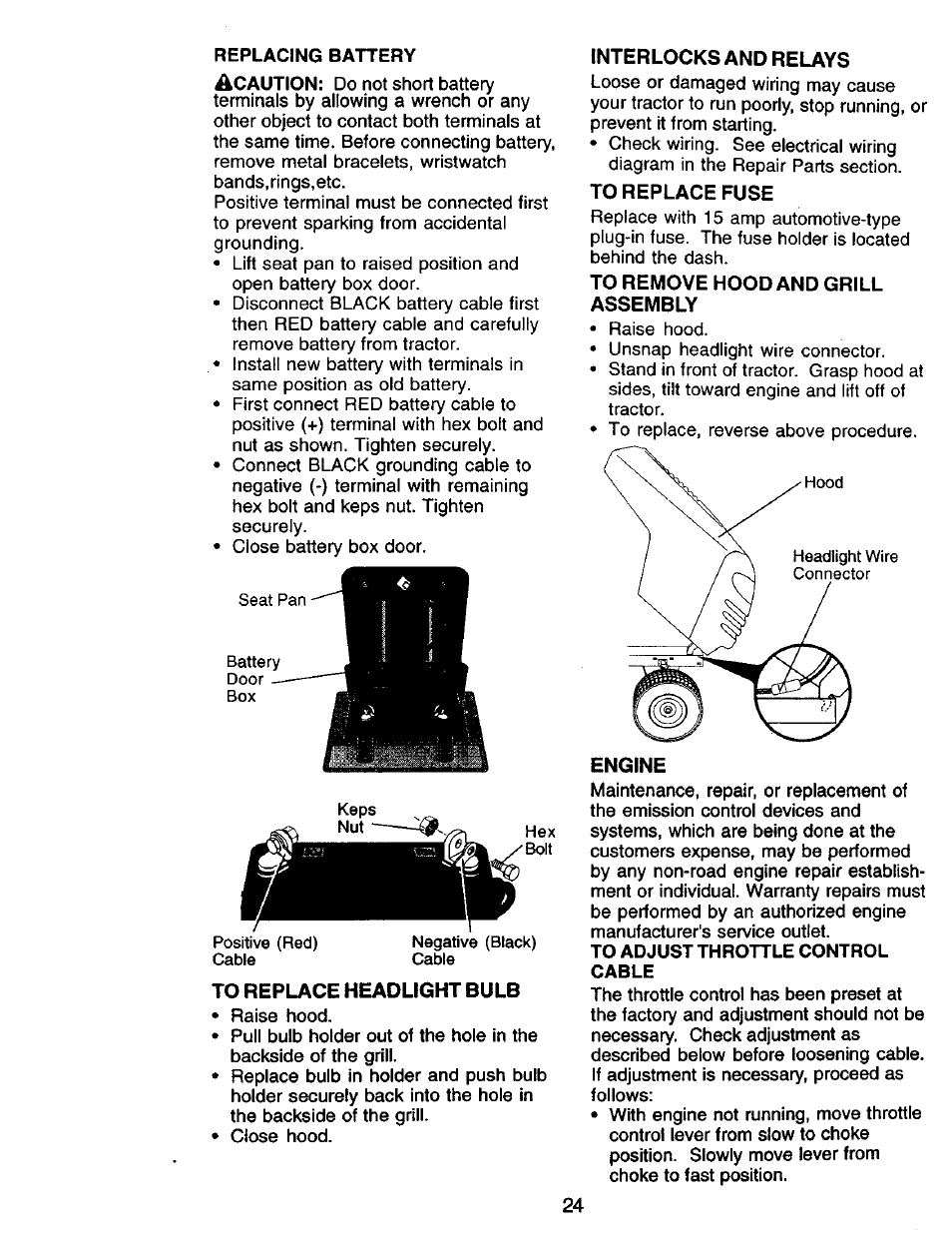 To replace headlight bulb, Interlocks and relays, To replace fuse | To remove hood and grill assembly, Engine | Craftsman 917.270732 User Manual | Page 24 / 60