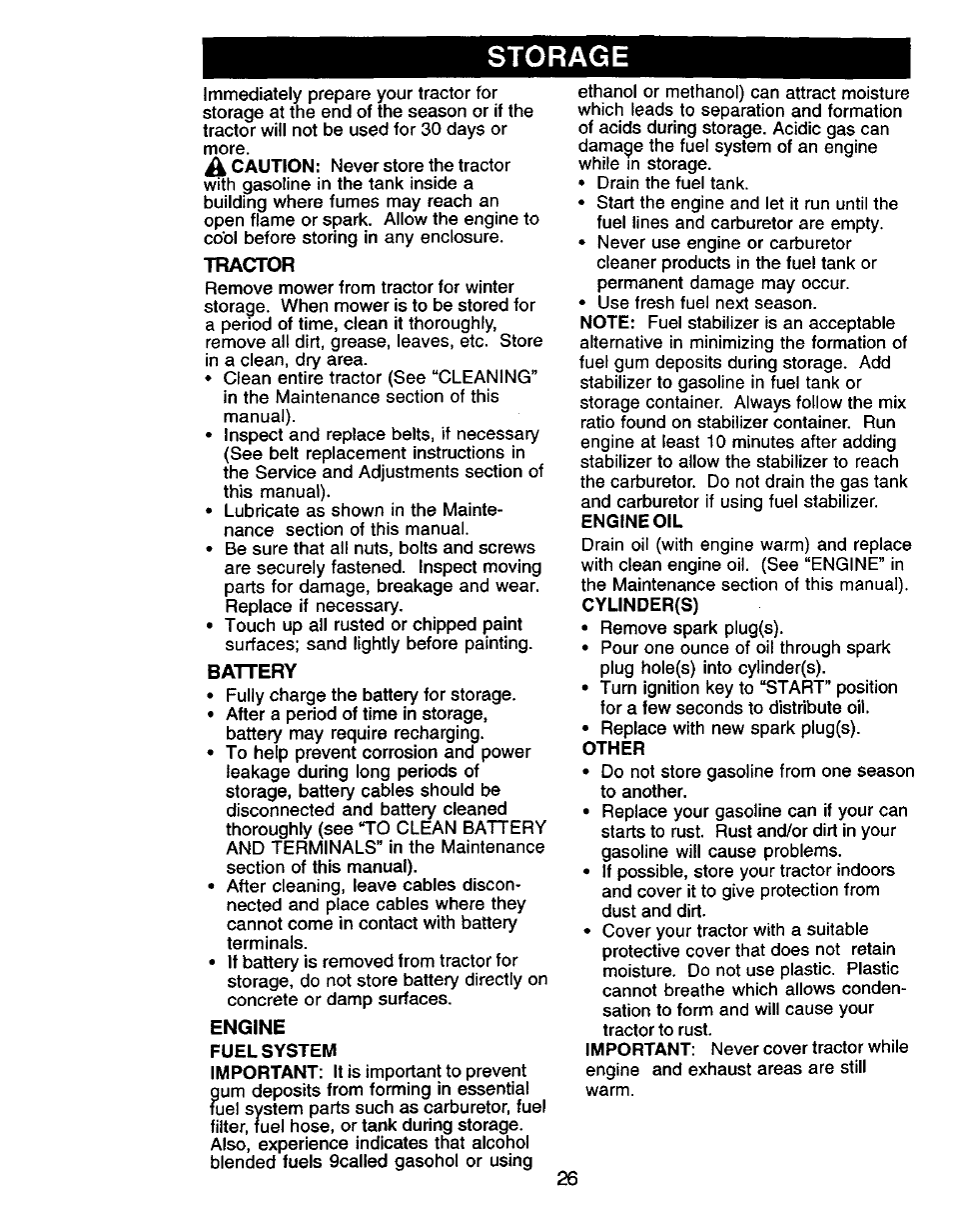 Storage, Tractor, Battery | Craftsman 917.270732 User Manual | Page 26 / 60