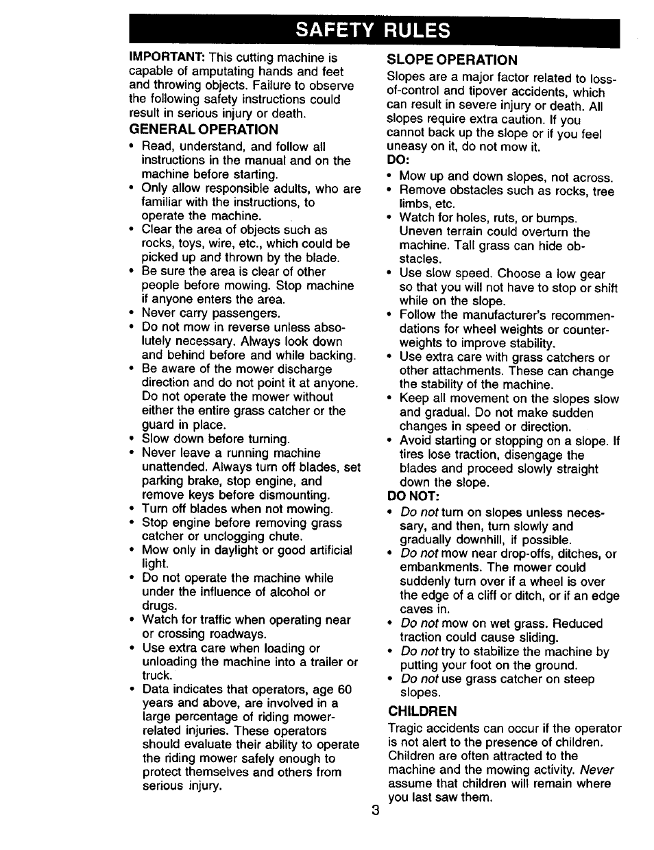 Slope operation, Children, Safety rules | Craftsman 917.270732 User Manual | Page 3 / 60