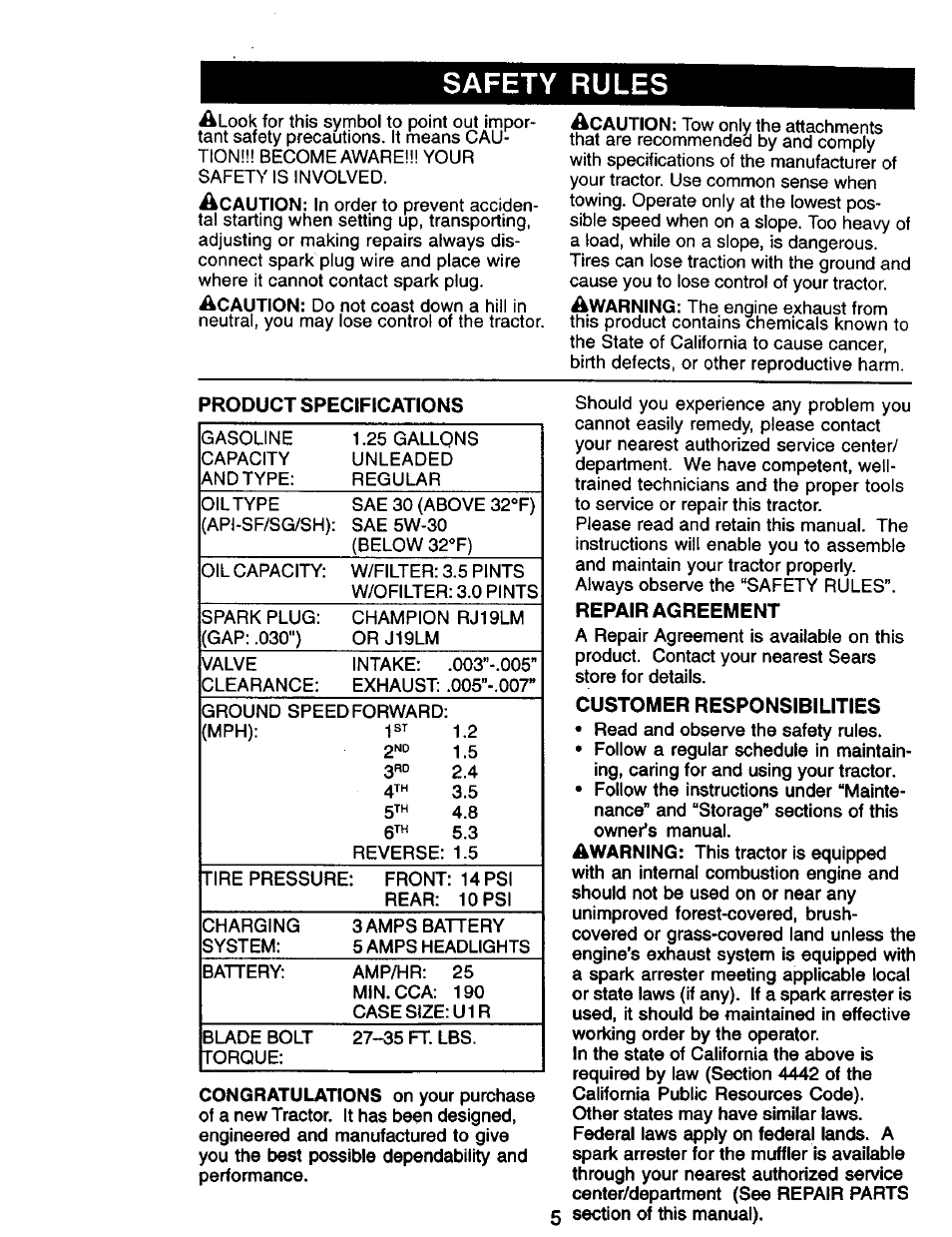 Repair agreement, Customer responsibilities, Safety rules | Craftsman 917.270732 User Manual | Page 5 / 60