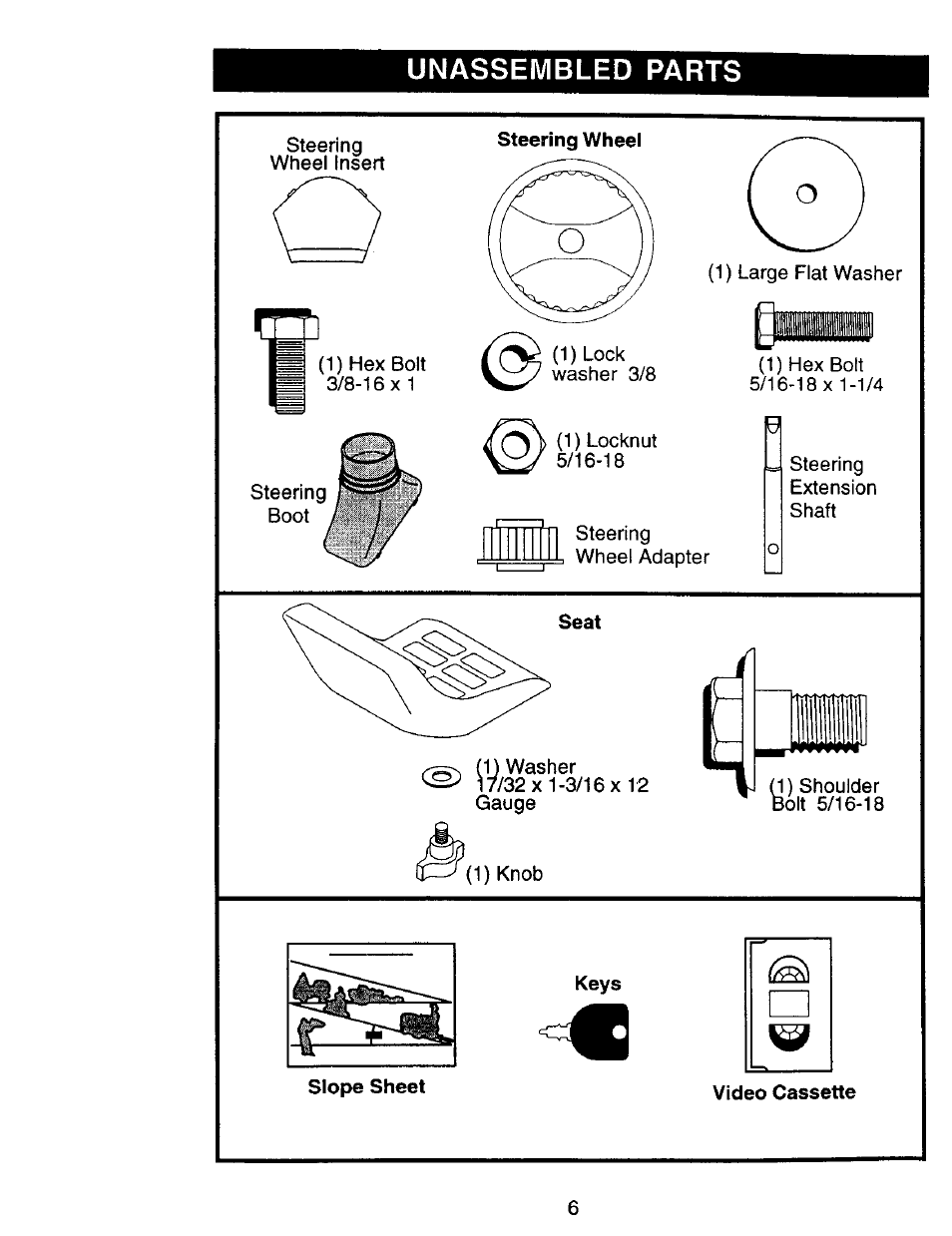 Unassembled parts, 32x1-3/16x12, Keys | Video cassette | Craftsman 917.270732 User Manual | Page 6 / 60