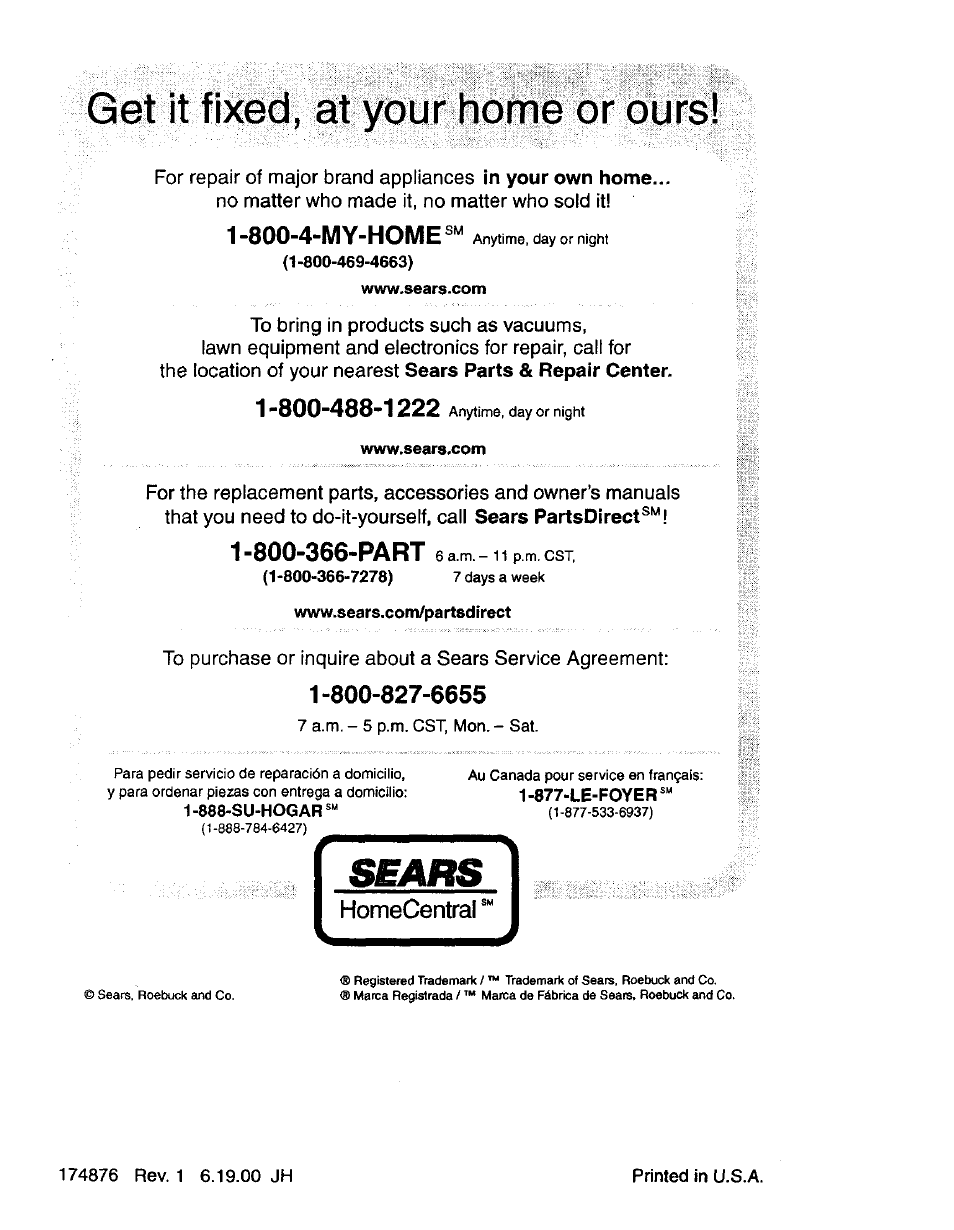 Get it fixed, at your home or ours, Sears, 800-4-my-home | Craftsman 917.270732 User Manual | Page 60 / 60