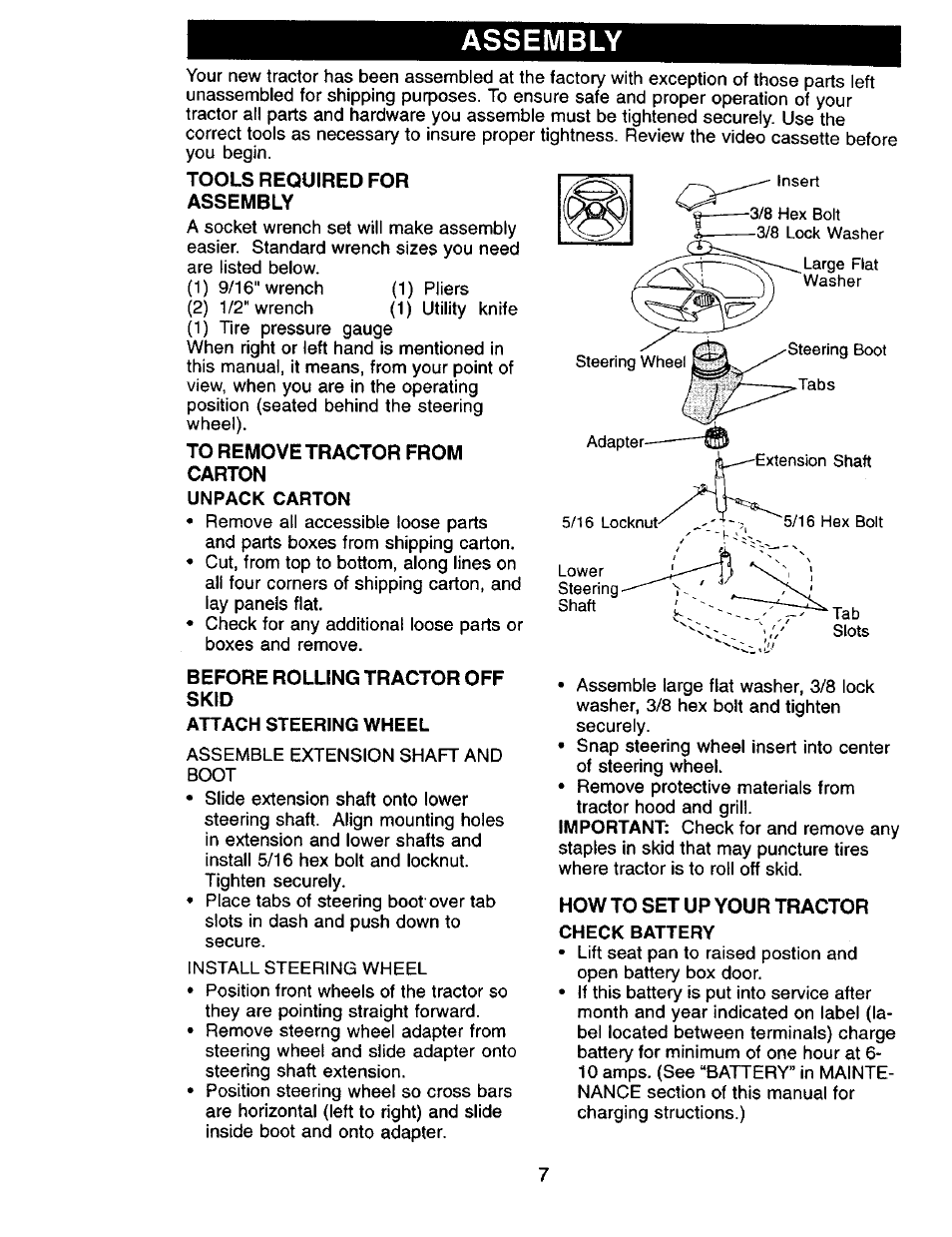 Assembly, Tools required for assembly, To remove tractor from carton | Before rolling tractor off, Skid, How to set up your tractor | Craftsman 917.270732 User Manual | Page 7 / 60