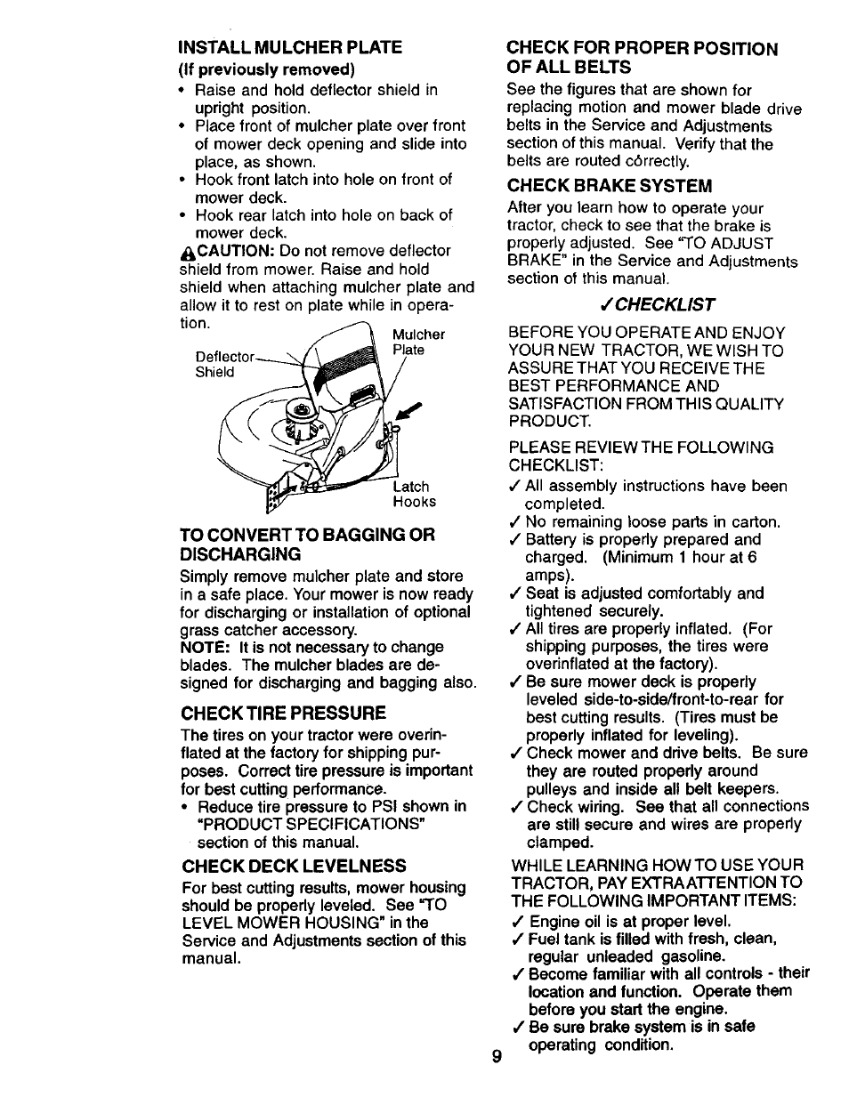 Install mulcher plate, To convert to bagging or discharging, Check tire pressure | Check deck levelness, Check for proper position of all belts, Check brake system | Craftsman 917.270732 User Manual | Page 9 / 60