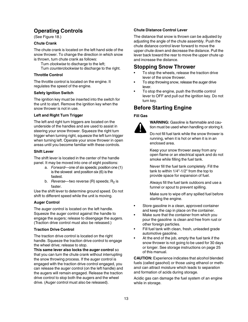 Operating controls, Stopping snow thrower, Before starting engine | Craftsman 247.88854 User Manual | Page 13 / 64