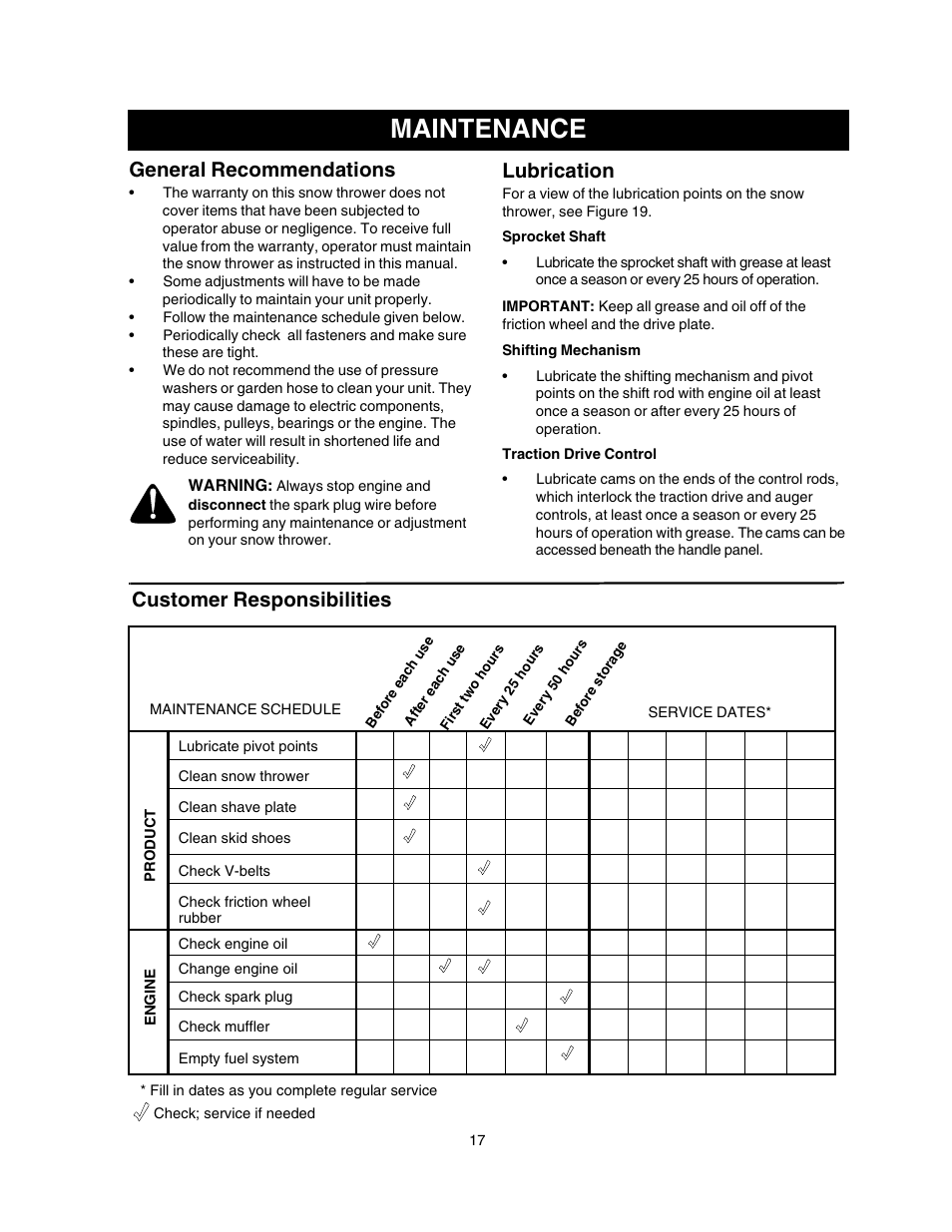 Maintenance, General recommendations, Lubrication | Customer responsibilities | Craftsman 247.88854 User Manual | Page 17 / 64