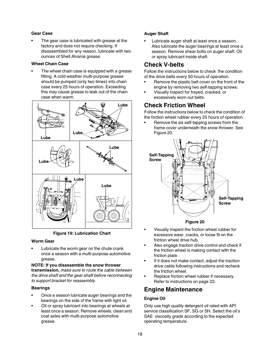 Check v-belts, Check friction wheel, Engine maintenance | Craftsman 247.88854 User Manual | Page 18 / 64