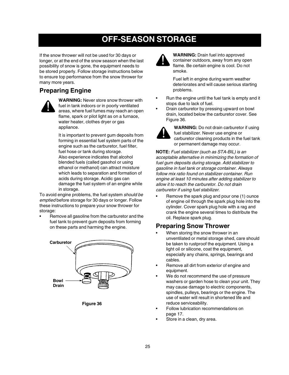 Off-season storage, Preparing engine, Preparing snow thrower | Craftsman 247.88854 User Manual | Page 25 / 64