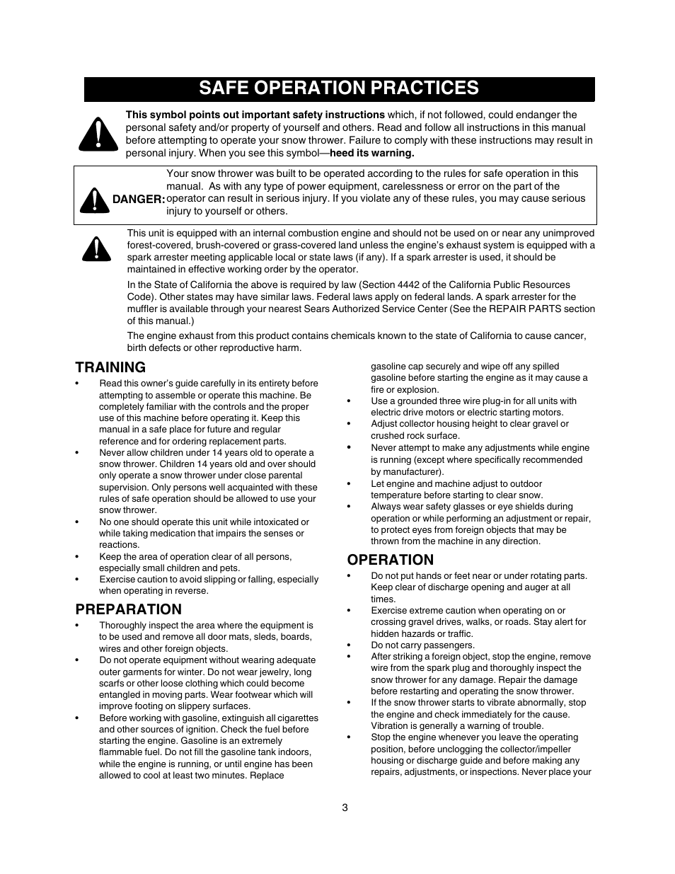 Safe operation practices, Training, Preparation | Operation | Craftsman 247.88854 User Manual | Page 3 / 64