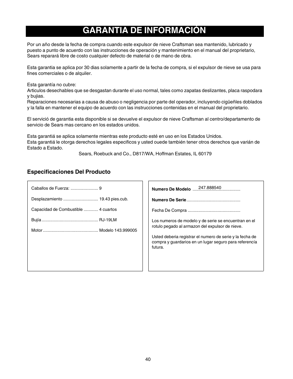 Garantia de información | Craftsman 247.88854 User Manual | Page 40 / 64