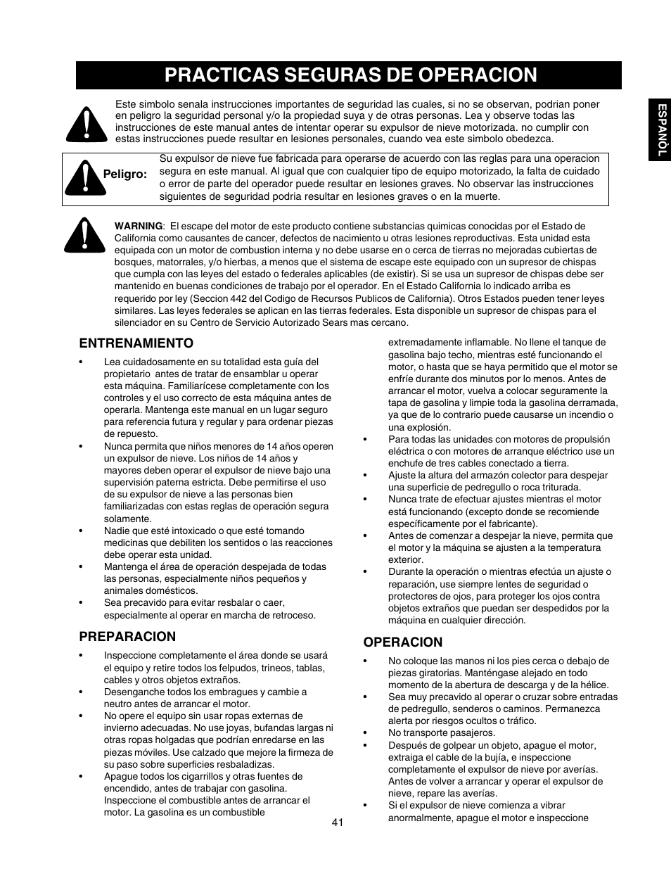 Practicas seguras de operacion | Craftsman 247.88854 User Manual | Page 41 / 64