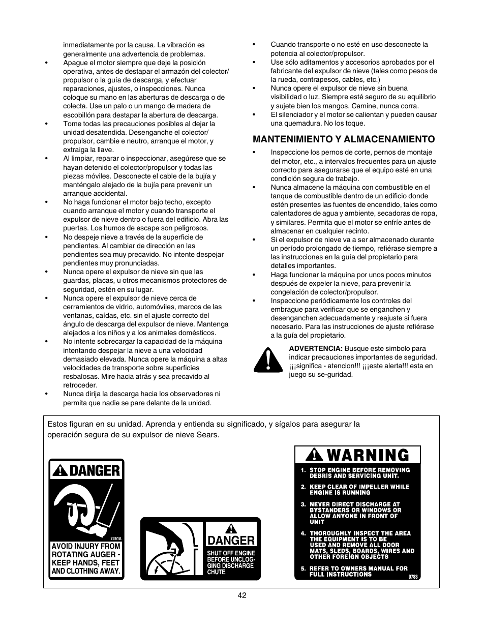 Mantenimiento y almacenamiento | Craftsman 247.88854 User Manual | Page 42 / 64