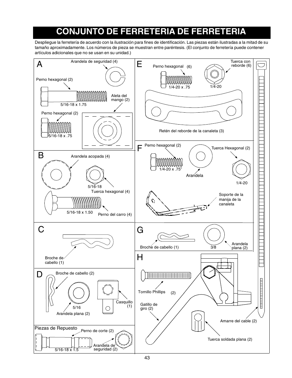 Conjunto de ferreteria de ferreteria | Craftsman 247.88854 User Manual | Page 43 / 64