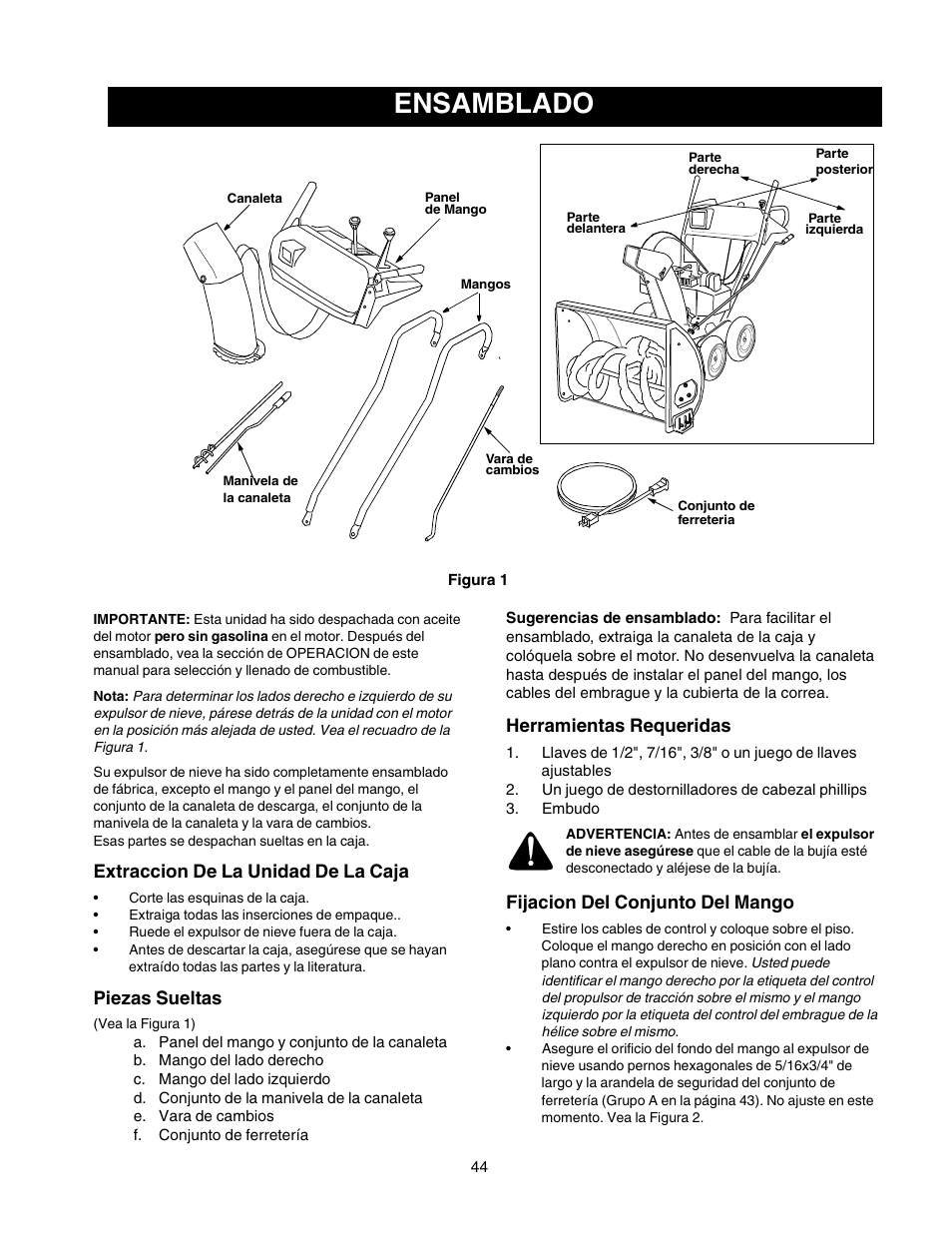 Ensamblado, Extraccion de la unidad de la caja, Piezas sueltas | Herramientas requeridas, Fijacion del conjunto del mango | Craftsman 247.88854 User Manual | Page 44 / 64