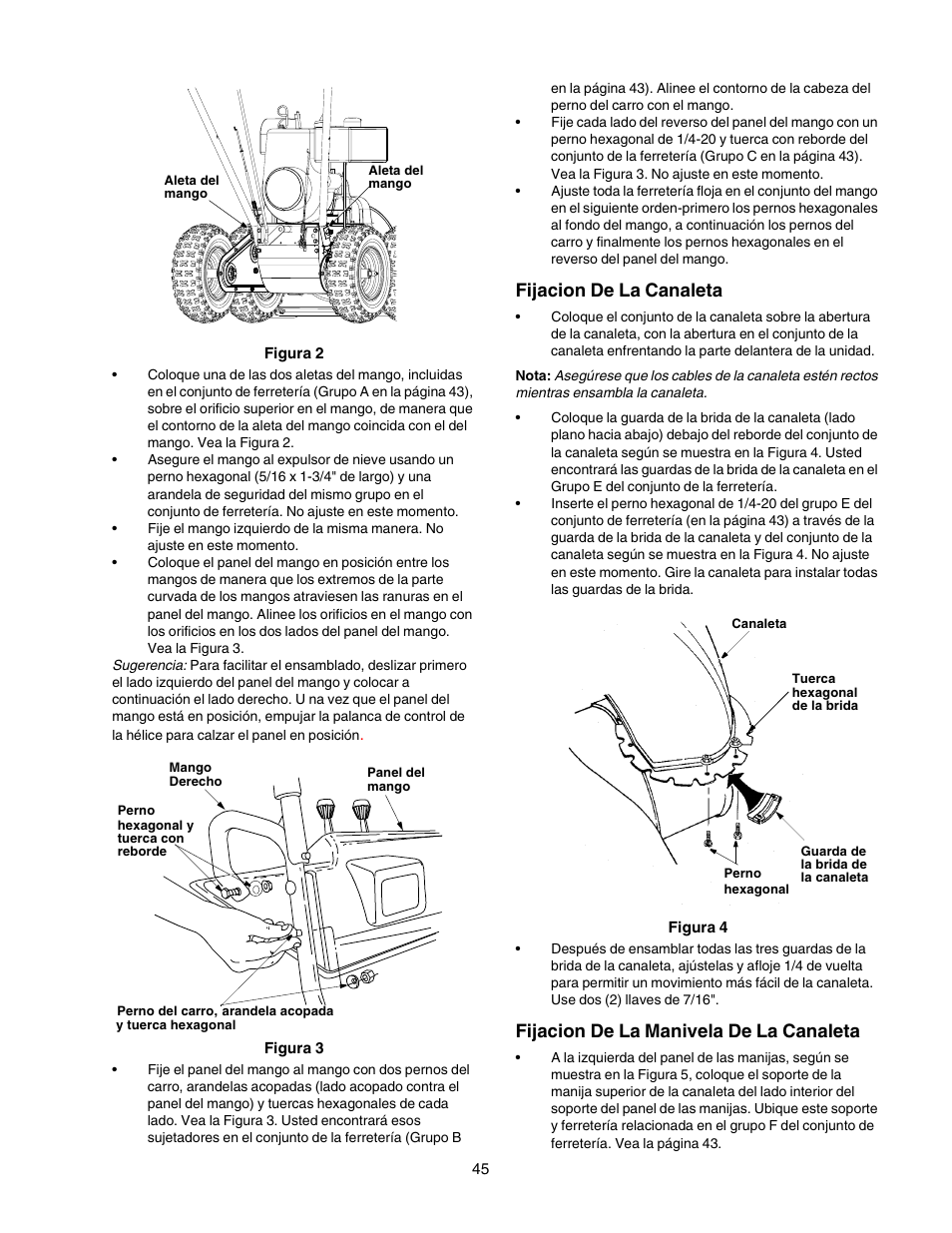 Fijacion de la canaleta, Fijacion de la manivela de la canaleta | Craftsman 247.88854 User Manual | Page 45 / 64