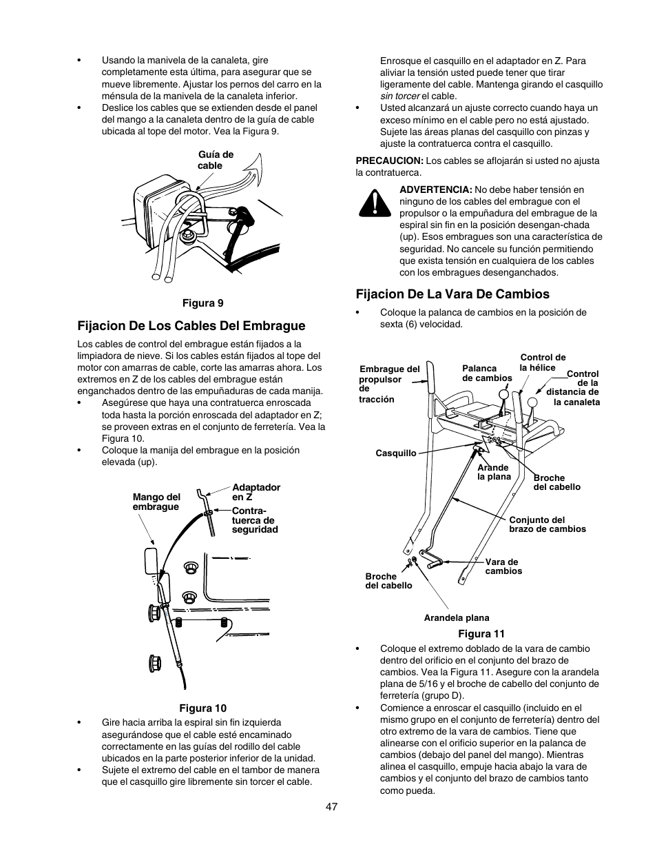 Fijacion de los cables del embrague, Fijacion de la vara de cambios | Craftsman 247.88854 User Manual | Page 47 / 64