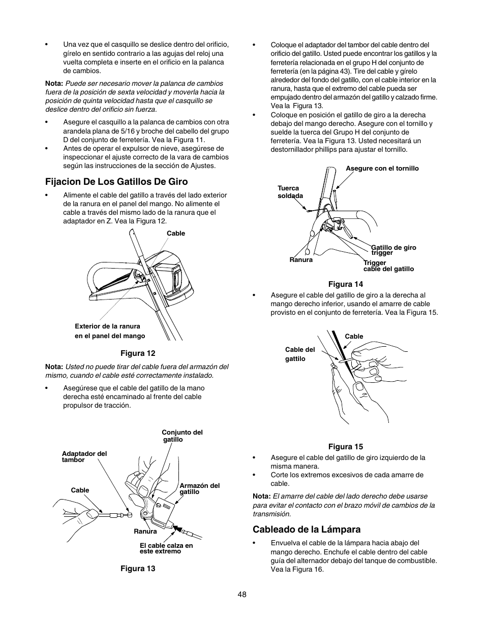 Fijacion de los gatillos de giro, Cableado de la lámpara | Craftsman 247.88854 User Manual | Page 48 / 64