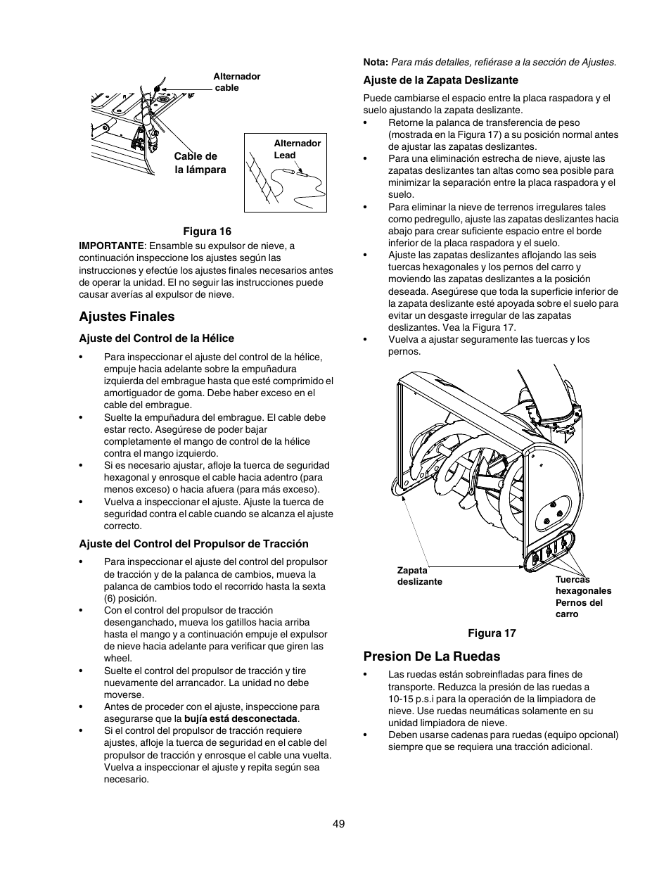 Ajustes finales, Presion de la ruedas | Craftsman 247.88854 User Manual | Page 49 / 64