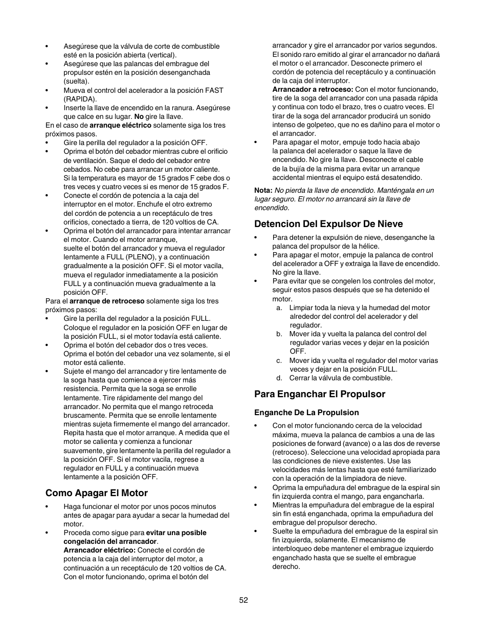 Como apagar el motor, Detencion del expulsor de nieve, Para enganchar el propulsor | Craftsman 247.88854 User Manual | Page 52 / 64