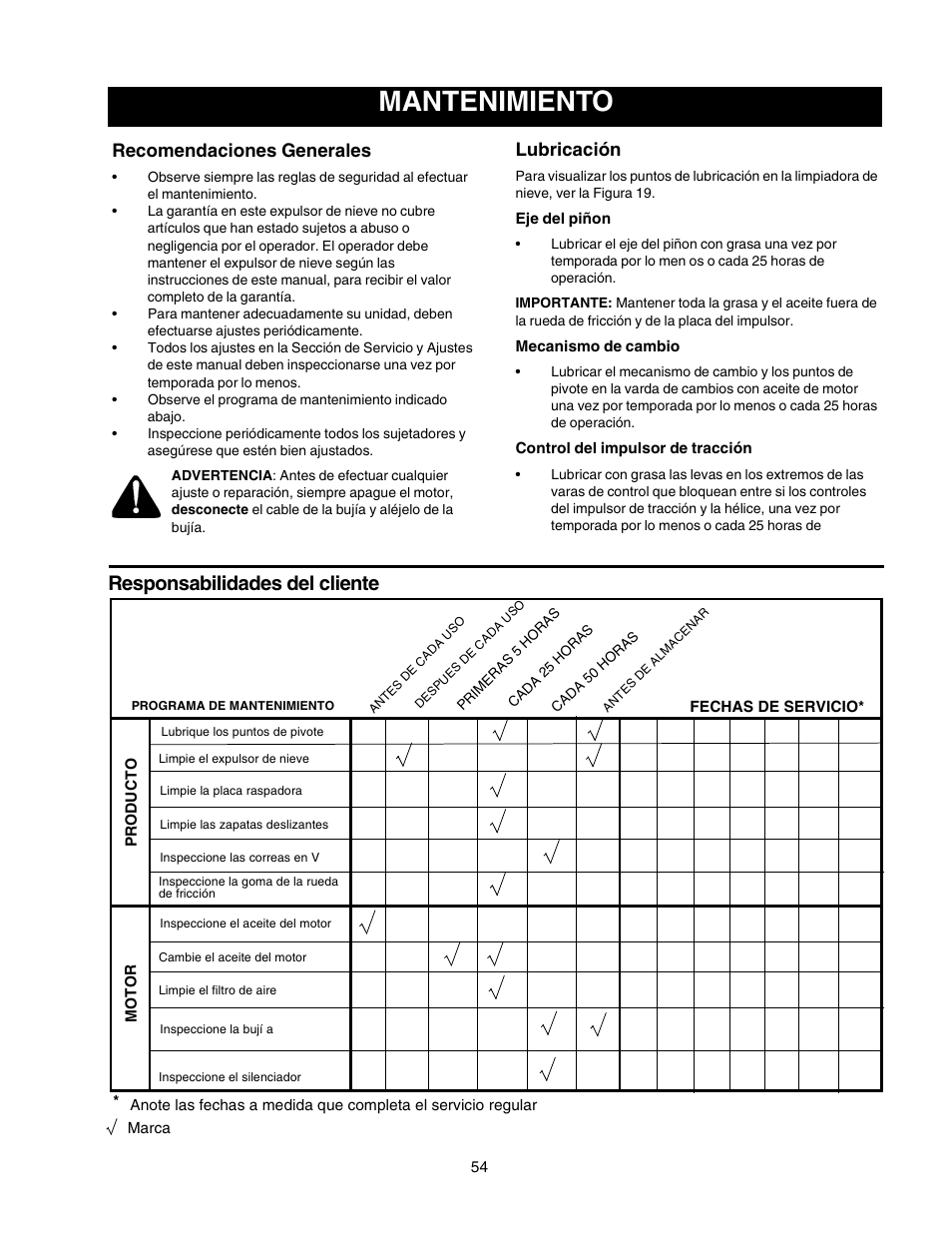 Mantenimiento, Responsabilidades del cliente, Recomendaciones generales | Lubricación | Craftsman 247.88854 User Manual | Page 54 / 64