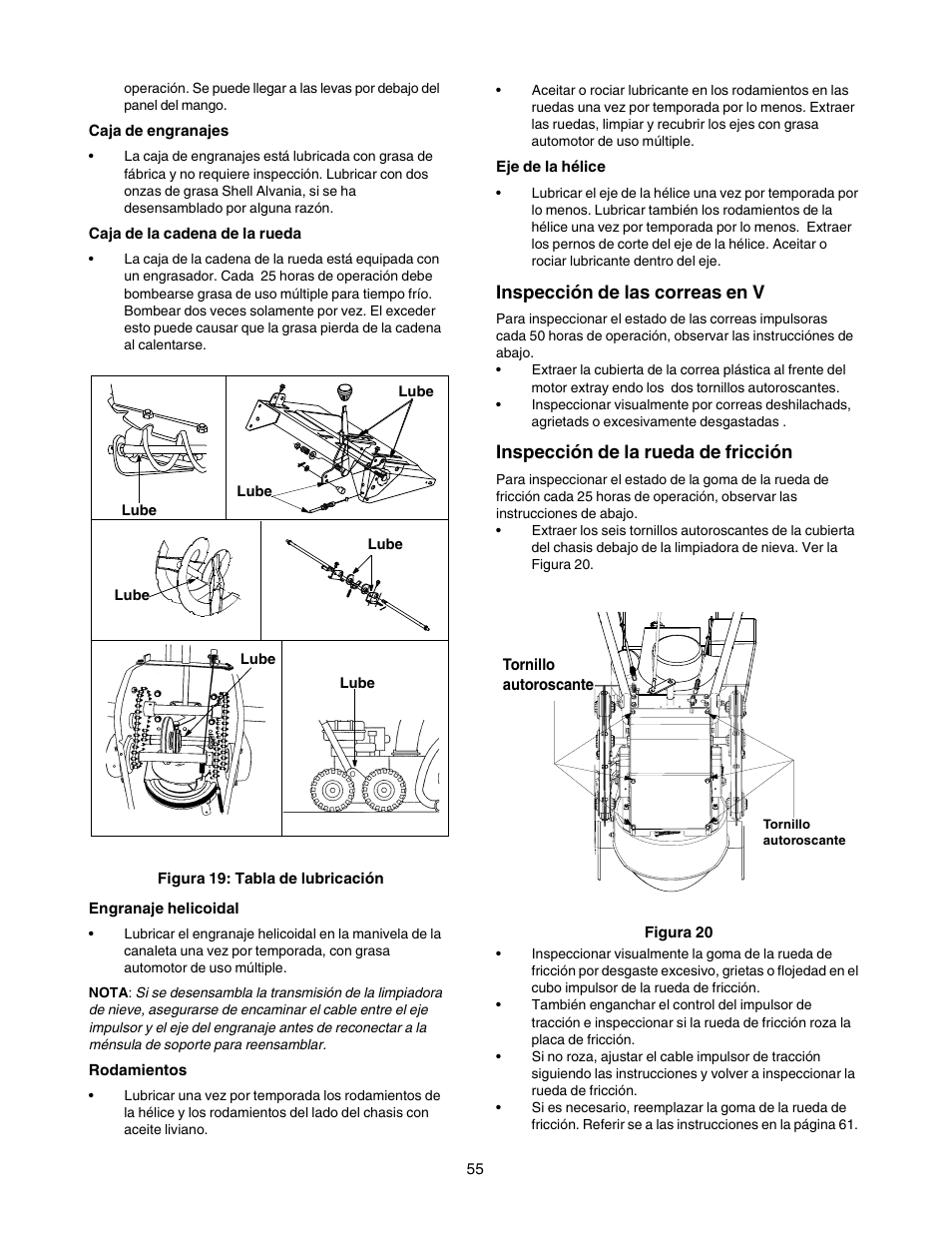 Inspección de las correas en v, Inspección de la rueda de fricción | Craftsman 247.88854 User Manual | Page 55 / 64